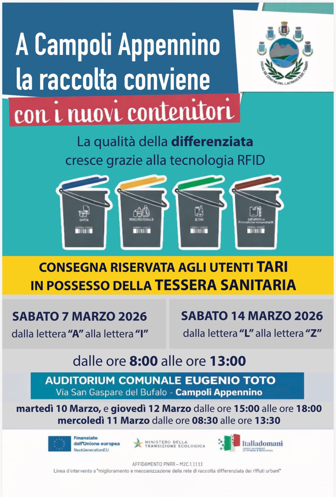 Locandina Consegna contenitori raccolta differenziata